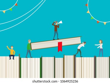 People carry a book. Teamwork process. Concept of a small character. Pile of books. Vector flat illustration.