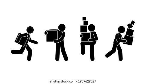 people carry boxes, loader and courier icons set, stick figure man, stickman delivers cargo, vector illustration