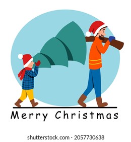 people carry a Christmas tree together. Father and son are preparing to celebrate the New Year.