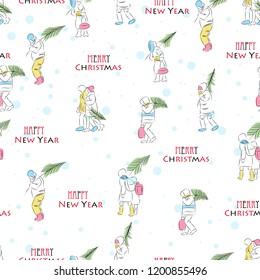 People carry Christmas trees. Seamless pattern