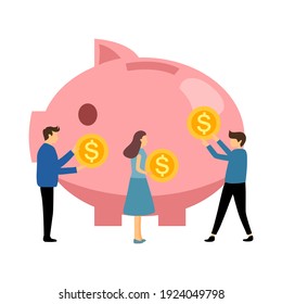People carry dollar coins for piggy bank in flat design on white background. Money savings in bank account for wealth in the future.