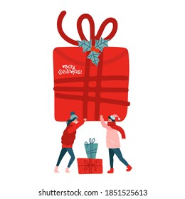People carry gifts. Teamwork process. Concept of a small characters holding huge gift box. Holiday delivery. Present giving. Vector flat illustration