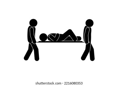 people carry an injured person on a stretcher, stick figure first aid icon, isolated silhouettes