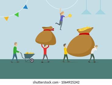 People carry moneybags. Man pushes cart full of money. Teamwork process. Concept of a small character. Vector flat illustration.