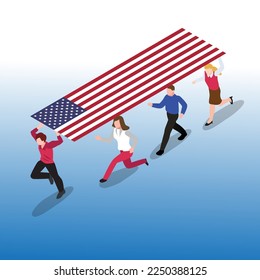 Menschen, die die amerikanische Flagge tragen, winkten während der Gedenktagsparade 3d-isometrische Vektorgrafik-Konzept für Banner, Website, Landing-Page, Anzeigen, Flyer-Vorlage