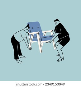 People carrying armchair. Cute characters. Cartoon style. Hand drawn Vector isolated illustration. Relocation, moving, permutation, interior concept. Poster, print, logo template