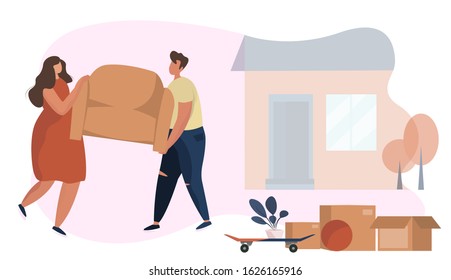 People carrying armchair. New house for family.  Moving boxes and stuff in new house. Couple Carry an Armchair in a New Home. Delivery Package Relocation. Moving home. Flat Vector Illustration