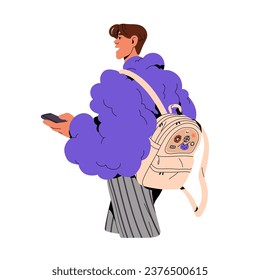 People carrying backpack, hold smartphone in hand back view. Person wearing fashionable fur coat, plush jacket. Young woman in urban style outfit walking. Flat isolated vector illustration on white