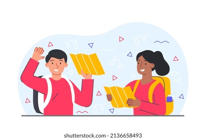 People carrying backpack. Man and girl with cards. Travelers in nature, adventure and active lifestyle. Rest from work and vacation. Tourists on hike determine route. Cartoon flat vector illustration
