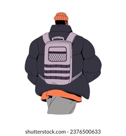 People carrying backpack, walking back view. Tourist wearing oversize outfit, beanie hat, warm winter, fall clothes. Young man strolling outdoor. Flat isolated vector illustration on white background