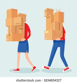 People Carrying Boxes Stack. Cartoon Man And Woman With Heavy Carton Box Pile. Family Couple Carry Packages. House Moving Vector Concept. Illustration Delivery Package, Carrying Cardboard Box