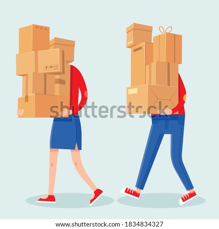 People carrying boxes stack. Cartoon man and woman with heavy carton box pile. Family couple carry packages. House moving vector concept. Illustration delivery package, carrying cardboard box