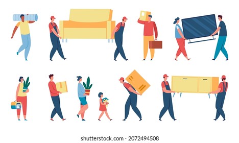 People Carrying Boxes And Things, Loaders In Uniform Moving Furniture. Delivery Worker With Package, Character Holding Cardboard Box Vector Set. Woman, Man And Child Carrying Plants, Toys An Tv