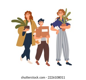 People carrying cardboard box, house plants in pots, moving to new home. Happy family holding packages, belongings, stuff during relocation. Flat vector illustration isolated on white background