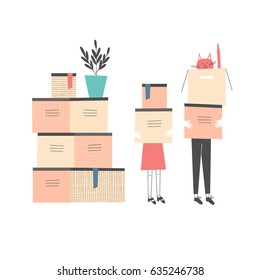 People carrying cardboard boxes. Apartment moving, packing, transportation, new dwelling, housewarming design concept. Cat sitting in a box. Hand drawn cartoon vector illustration