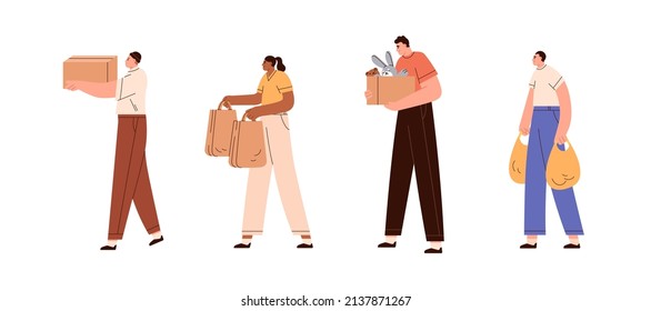 People carrying charity boxes and donation bags, delivery packages with groceries, goods, toys. Men and women couriers, volunteers going. Flat vector illustrations isolated on white background