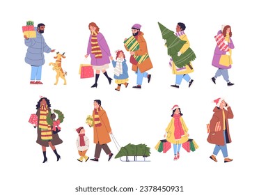 People carrying christmas gifts. Walking characters gift box, family couple prepare wrapped present on winter holiday, noel shopping man carry xmas tree, vector illustration of character present