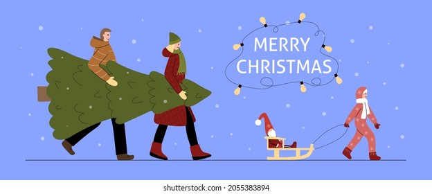 People are carrying a Christmas tree. A little girl is carrying a sleigh with a gnome. Preparing for the New Year and Christmas. Postcard, banner in flat style, vector illustration