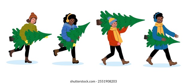 People carrying Christmas trees during winter in a festive outdoor setting