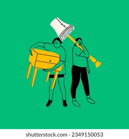 People carrying commode and floor lamp. Cute characters. Cartoon style. Hand drawn Vector isolated illustration. Relocation, moving, permutation, interior concept. Poster, print, logo template