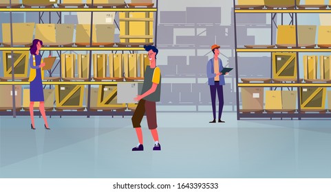 People carrying and counting boxes in warehouse. Courier, cargo, shelves, package flat vector illustration. Logistics, job, shipment concept for banner, website design or landing web page