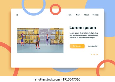 People carrying and counting boxes in warehouse. Courier, cargo, shelves, package flat vector illustration. Logistics, job, shipment concept for banner, website design or landing web page