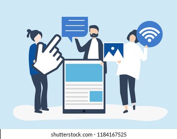 People carrying different icons related to online media