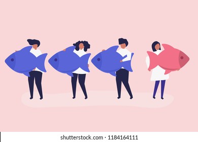 People carrying fish icons in leadership concept