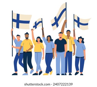 People are carrying flags of Finland. The people are on strike and chanting. Anarchy and revolution. The parade of voters