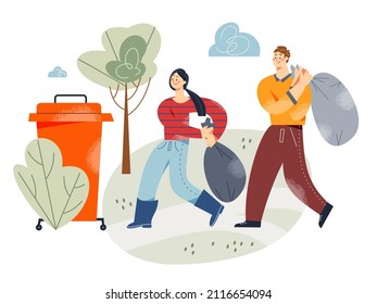 People carrying garbage bags to trash container vector illustration. Cartoon young man and woman volunteering, holding full plastic bags after cleaning or sorting, working in waste collection service