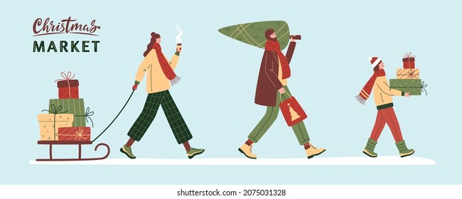 People carrying gift boxes and Christmas tree. Vector flat illustration. Positive festive persons with presents. Winter shopping, Xmas sale, Boxing day, Christmas market concept