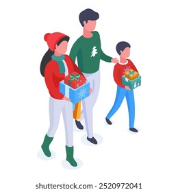 People carrying gifts. Isometric family with gift boxes and bags, winter holidays preparation 3d vector illustration. Christmas characters carrying presents