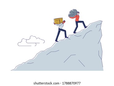 People Carrying Heavy Burden Up To Hill. Financial Metaphor Of Debt, Tax, Crisis And Bankruptcy. Business Hardship And Difficulties Concept. Cartoon Linear Vector Illustration