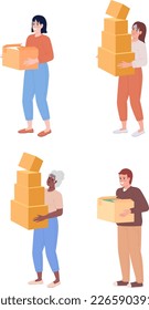 People carrying heavy cardboard boxes semi flat color vector characters set. Editable full body figures on white. Simple cartoon style spot illustration pack for web graphic design and animation