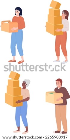 People carrying heavy cardboard boxes semi flat color vector characters set. Editable full body figures on white. Simple cartoon style spot illustration pack for web graphic design and animation