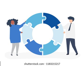 Pessoas carregando partes de um gráfico de donut
