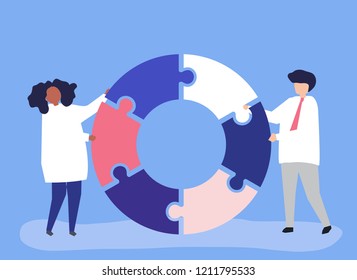 People carrying jigsaw pieces of a donut chart