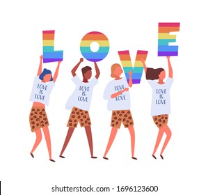 People carrying LOVE letters in rainbow colors isolated on white background. Lgbtq activists in costumes taking part in pride parade, street marche. Vector illustration in flat cartoon style