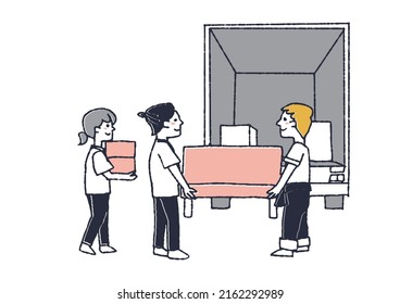  People carrying luggage on a moving truck Comical handwritten person Vector, warm line drawing