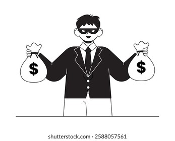 People carrying money bags and thief masks with suits can be interpreted as officials who commit corruption, black and white outline style, social issues vector illustration.