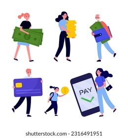People carrying money vector illustrations set. Men, women and children paying for purchases using cash, coins, credit card, digital wallet. Finance transactions, payment options, banking concept