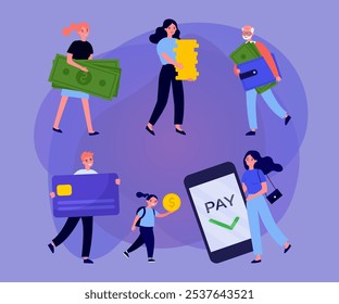 People carrying money vector illustrations set. Men, women and children paying for purchases using cash, coins, credit card, digital wallet. Finance transactions, payment options, banking concept