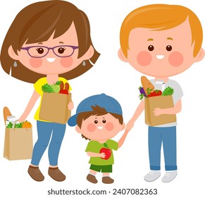 People carrying paper bags with groceries. Family with shopping bags buying food in a supermarket. Vector illustration