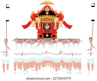 People carrying portable shrines. Illustration of Japanese traditional event