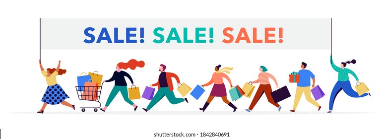 People carrying shopping bags collection. Happy men and women taking part in seasonal sale at store, shop, mall and online. Cartoon characters on white background