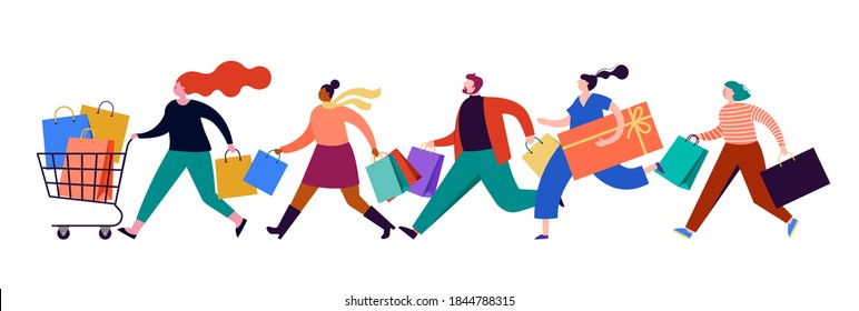 People carrying shopping bags collection. Happy men and women taking part in seasonal sale at store, shop, mall and online. Cartoon characters on white background