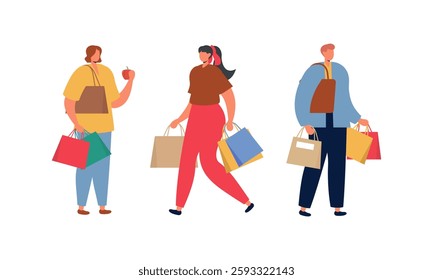 People Carrying Shopping Bags Flat Design Illustration. Collection of Male and Female Character Holding Purchases Shopping Bags. 