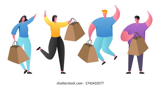 People carrying shopping bags with purchases. Men and women taking part in seasonal sale at store, shop, mall. Cartoon characters isolated on white background. 