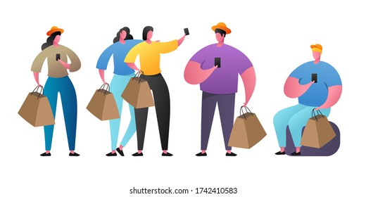 People carrying shopping bags with purchases. Men and women taking part in seasonal sale at store, shop, mall. Cartoon characters isolated on white background. 