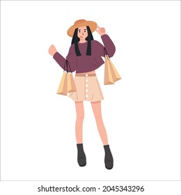 people carrying shopping bags with purchases. Women taking part in seasonal sale at store, shop, mall. Cartoon characters isolated on white background. crazy shopping habits. flat vector